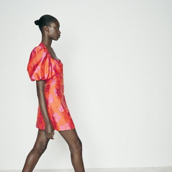 NWT ZARA PUFF SLEEVE JACQUARDβMINI DRESS Fuchsia | 8072/54 - Picture 9 of 16